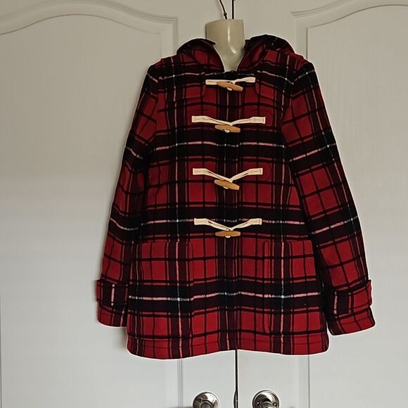 Gap Wool Blend Buffalo Plaid Hoodie Coat With Toggle Buttons Small Red & Black - Picture 5 of 16